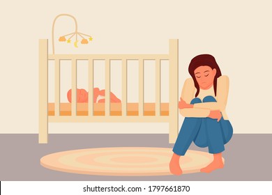 Postpartum depression concept in flat style. Tired, sad mother, woman sitting on floor near bad with sleeping baby. Psychology problem, parent difficulty.