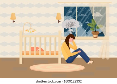 Postpartum depression concept in flat style. Tired, sad mother, woman sitting on floor near bad with sleeping baby. Psychology problem, parent difficulty.