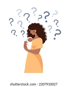 Postpartum Depression Concept Illustration. A Black Woman Hugs A Child And Thinks, Question Marks Around. Flat Vector Isolated Illustration Of Pregnancy And Motherhood.