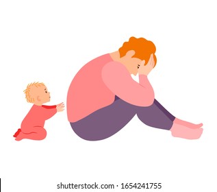 Depressionen nach der Geburt. Konzept mit Mama und kleinen Babys. Erschöpfte ermüdete junge Mutter. Vektorillustration im Flachstil.