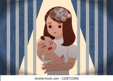 postpartum depression concept - mother feel depressed with baby with the dark background