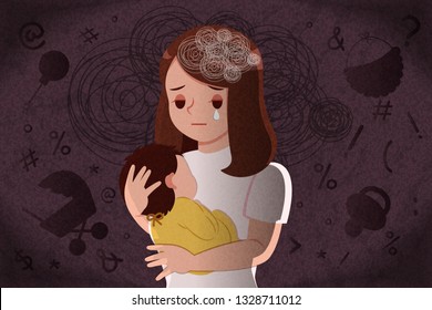 postpartum depression concept - mother feel depressed with baby with the dark background