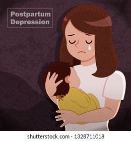 postpartum depression concept - mother feel depressed with baby with the dark background