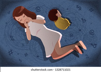 postpartum depression concept - mother feel depressed with baby with the dark background