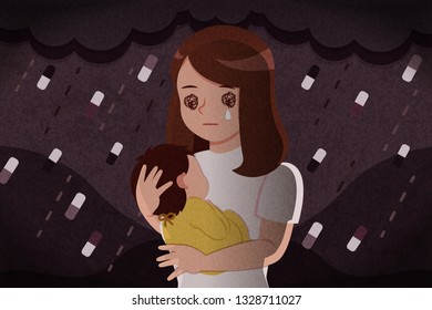 postpartum depression concept - mother feel depressed with baby with the dark background