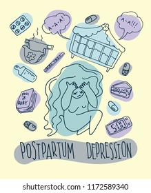 postpartum depression . creative illustration for medicine. drawn manually. doodle sketch. mental health illustration. Vector graphics