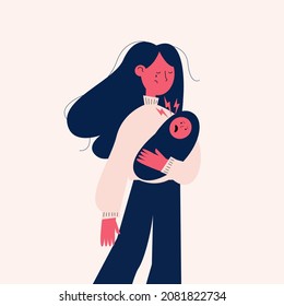 Postpartum depression. A depressed girl holds a child in her arms and does not know what to do next. Flat vector illustration