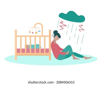 Depressionen nach der Geburt. Depressive Mutter sitzt in der Nähe der Babykrippe. Traurige, müde Frau unter Wolke und Regen. Vektorflache Illustration.