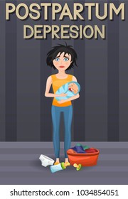 Postpartum depression illustration. Sad mother, exhausted with postnatal depression with laundry and baby care items. Crying baby in tired mother's hands.