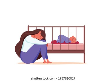 Postpartum depression illustration of sad tired woman near newborn baby sleeping in flat style. Psychology problem of postnatal depression, mood disorder of childbirth, motherhood and parent difficult