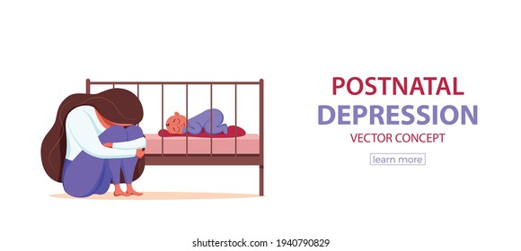 Postpartum Depression Illustration von trauriger, müde Frau in der Nähe des Neugeborenen schlafend im flachen Stil. Psychologische Problematik postnataler Depressionen, Stimmungsstörungen bei der Geburt, Mütter und Elternschaft