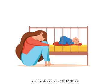 Postpartum Depression Illustration von trauriger, müde Frau in der Nähe des Neugeborenen schlafend im flachen Stil. Psychologische Problematik postnataler Depressionen, Stimmungsstörungen bei der Geburt, Mütter und Elternschaft