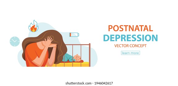 Postpartum Depression Illustration von trauriger, müde Frau in der Nähe des Neugeborenen schlafend im flachen Stil. Psychologische Problematik postnataler Depressionen, Stimmungsstörungen bei der Geburt, Mütter und Elternschaft