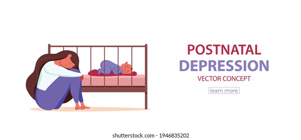 Postpartum Depression Illustration von trauriger, müde Frau in der Nähe des Neugeborenen schlafend im flachen Stil. Psychologische Problematik postnataler Depressionen, Stimmungsstörungen bei der Geburt, Mütter und Elternschaft