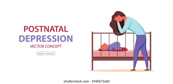 Postpartum Depression Illustration von trauriger, müde Frau in der Nähe des Neugeborenen schlafend im flachen Stil. Psychologische Problematik postnataler Depressionen, Stimmungsstörungen bei der Geburt, Mütter und Elternschaft