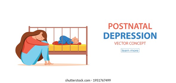 Postpartum depression illustration of sad tired woman near newborn baby sleeping in flat style. Psychology problem of postnatal depression, mood disorder of childbirth, motherhood and parent difficult
