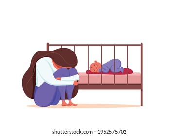 Postpartum Depression Illustration von trauriger, müde Frau in der Nähe des Neugeborenen schlafend im flachen Stil. Psychologische Problematik postnataler Depressionen, Stimmungsstörungen bei der Geburt, Mütter und Elternschaft