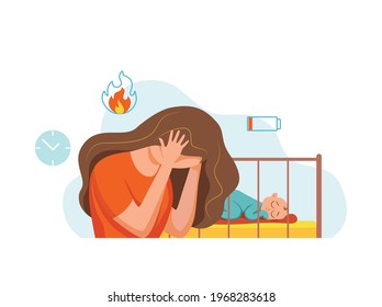 Postpartum Depression Illustration von trauriger, müde Frau in der Nähe des Neugeborenen schlafend im flachen Stil. Psychologische Problematik postnataler Depressionen, Stimmungsstörungen bei der Geburt, Mütter und Elternschaft