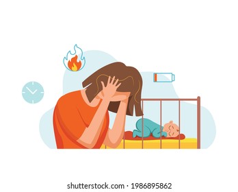 Postpartum depression illustration of sad tired woman near newborn baby sleeping in flat style. Psychology problem of postnatal depression, mood disorder of childbirth, motherhood and parent difficult