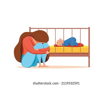 Postpartum Depression Illustration von trauriger, müde Frau in der Nähe des Neugeborenen schlafend im flachen Stil. Psychologische Problematik postnataler Depressionen, Stimmungsstörungen bei der Geburt, Mütter und Elternschaft