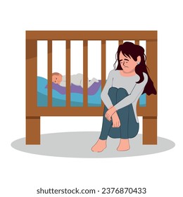 Postpartum depression illustration of sad tired woman near newborn baby sleeping in flat style. Psychology problem of postnatal depression, mood disorder of childbirth, motherhood and parent difficult