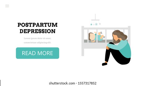 Postpartum depression. Landing page template. Modern flat concept with sad tired young mother sitting near baby bed. Flat vector illustration. Postnatal depression.
