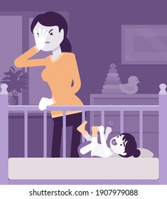 Postpartum depression, mum feeling sad, fatigued, baby blues symptoms. Young tired mother having mood swings standing at baby crib of not sleeping kid. Vector creative stylized illustration
