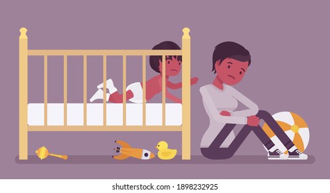 Postpartum depression, new black mum in anxiety after childbirth. Young mother sitting near child crib, feeling sick, sad, fatigued, overwhelmed with daily task. Vector flat style cartoon illustration