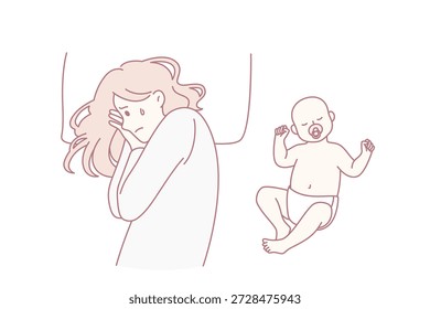 Postpartum Depression und Elternschaft Konzept. Junge depressive traurige Mutter mit harten Gedanken liegen im Bett mit glücklich schlafenden Baby in der Nähe Vektorgrafik