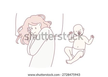 Postpartum depression and parenthood concept. Young depressed sad mother with tough thoughts lying in bed with happy sleeping baby nearby vector illustration