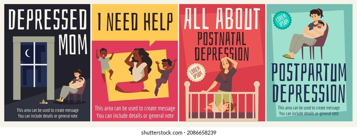 Postpartum Depression Posters flat vector set. Tired and depressed mom trying to deal with anxiety and stress caused by birth, baby and kids. Black Mother is having headache.