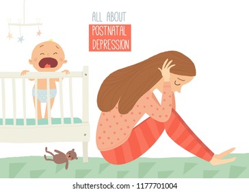 Depressionen nach der Geburt. Postnatale Depression. Baby ist blues. Cartoon, Vektorgrafik, handgezeichnet, EPS10, einzeln auf weißem Hintergrund.