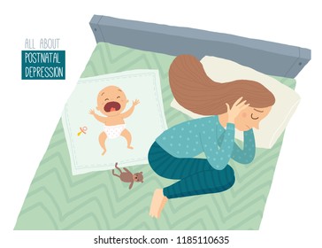 Postpartum depression. Postnatal depression. Depressed young woman lying on the bed with a crying baby. Cartoon vector hand drawn eps 10 illustration isolated on white background.