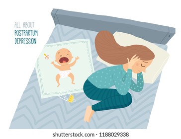 Postpartum depression. Postnatal depression. Depressed young woman lying on the bed with a crying baby. Cartoon vector hand drawn eps 10 illustration isolated on white background.