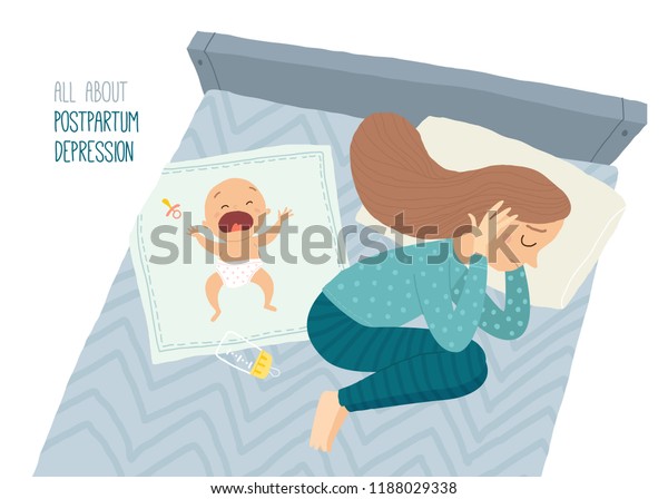 産後うつ病 出生後鬱病 泣く赤ん坊と共にベッドの上に横たわる落ち込んだ若い女性 白い背景にカートーンベクター手描きのeps10イラスト のベクター画像素材 ロイヤリティフリー