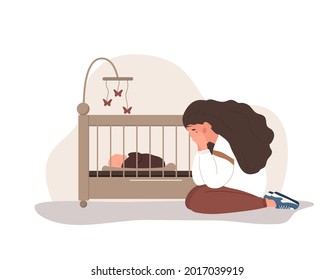 Postpartum depression. Sad tired woman sitting on the floor, crying and hugging her knees. Young mother needs psychological help. Mood disorder. Vector illustration in flat cartoon style.