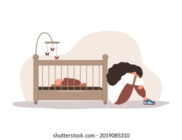 Postpartum depression. Sad tired woman sitting on the floor, crying and hugging her knees. Young mother needs psychological help. Mood disorder. Vector illustration in flat cartoon style.