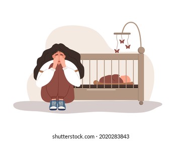 Postpartum depression. Sad tired woman sitting on the floor, crying and hugging her knees. Young mother needs psychological help. Mood disorder. Vector illustration in flat cartoon style.