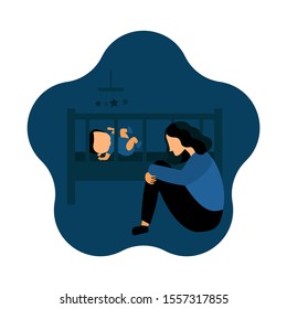 Postpartum depression. Sad tired young mother sitting near baby bed. Flat vector illustration. Postnatal depression.