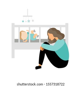 Postpartum depression. Sad tired young mother sitting near baby bed. Flat vector illustration. Postnatal depression.