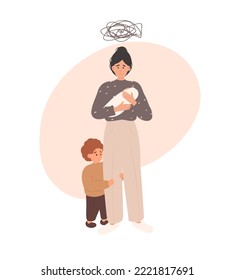 Postpartum depression, sad woman with baby and child toddler and chaos line. Cartoon flat vector illustration. Mother in depression, motherhood burnout. Mental health concept