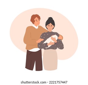 Concepto de apoyo a la depresión posparto. El hombre abraza a una mujer triste con una línea de bebé y caos. Dibujo vectorial plano de dibujos animados. Madre deprimida, madre quemada. Concepto de salud mental