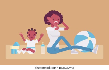 Postpartum Depression Symptoms, Black Mum In Anger With Crying Baby. Young Mother In Depressed Mood Closing Her Ears With Hands Feeling Sick, Angry Or Fatigued. Vector Flat Style Cartoon Illustration