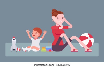 Postpartum Depression Symptoms, New Mum In Anger With Crying Baby. Young Mother In Depressed Mood Closing Her Ears With Hands Feeling Sick, Angry Or Fatigued. Vector Flat Style Cartoon Illustration