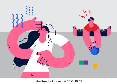 Postpartum depression and tiredness concept. Sad and tired female character mother crying suffering from depression with baby playing in room on background vector illustration.