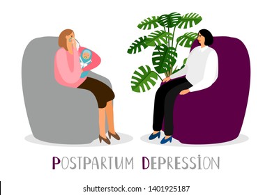 Postpartum depression. Vector crying mother with newborn. Psychoterapy for new parents vector concept. Mother and child, woman tired with baby illustration