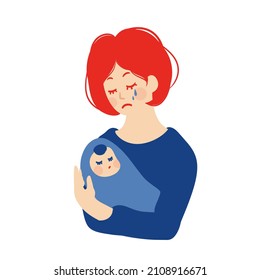 Postpartum Depression vector illustration. a girl with red hair and a baby in her arms