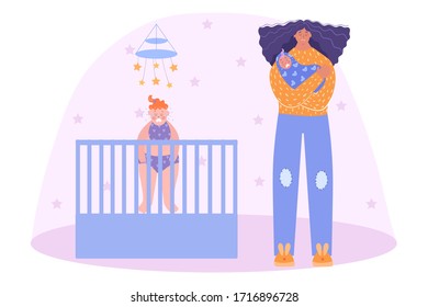 
Postpartum depression. Woman with a crying baby in her arms. Tired mother of two children.Vector illustration.