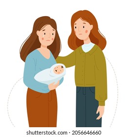 Postpartum Depression. A Woman Is Crying And Holding A Crying Baby. Maternity Crisis. The Girl Supports Her Friend. Friendly Support Concept. Vector Flat Illustration.