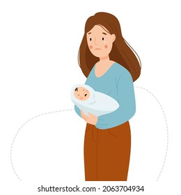 Postpartum depression. A woman is crying and holding a crying baby. Maternity crisis. Vector flat illustration.